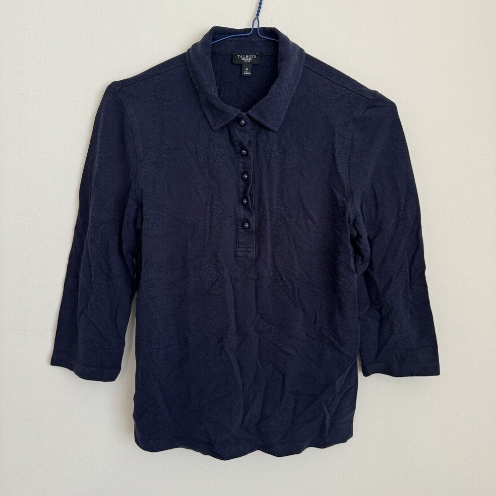Talbots Polo Shirt Women Medium Navy Blue 3/4 Quarter Sleeve Cotton Blend